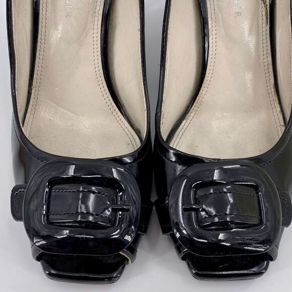 Etienne Aigner Black Patent Leather Peep Toe Pumps With Buckles Size 6.5 - Picture 5 of 8